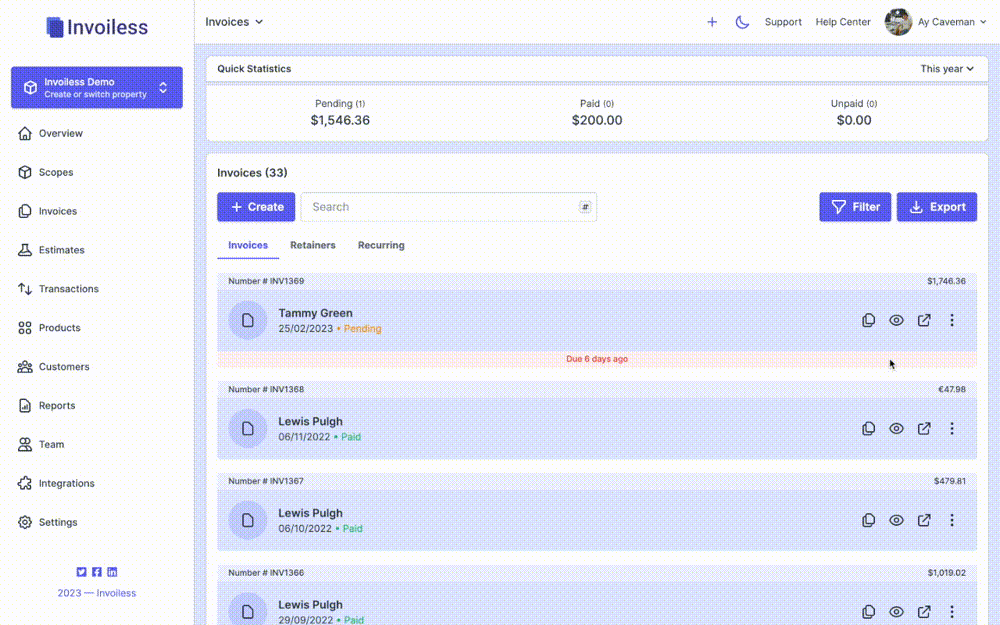 Retainer invoices